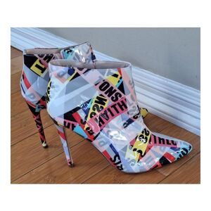 Pazzle Colorful high heels Stiletto Booties women's sz 10 Pink Yellow Blue Print